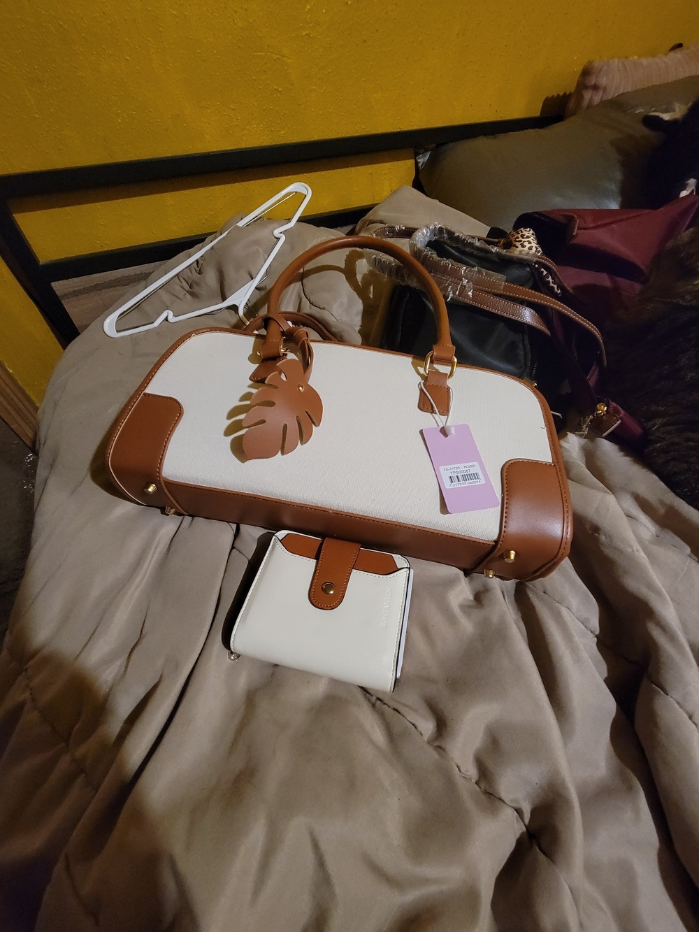 Faux Leather-Trim White and Tan Satchel Bag with Matching Wallet